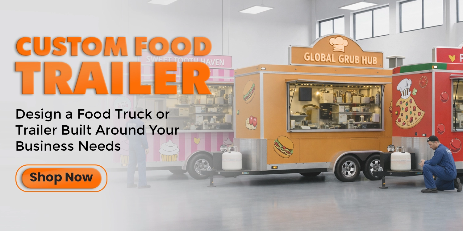 Custom food trailer with modern design and professional kitchen setup, ideal for mobile catering businesses.